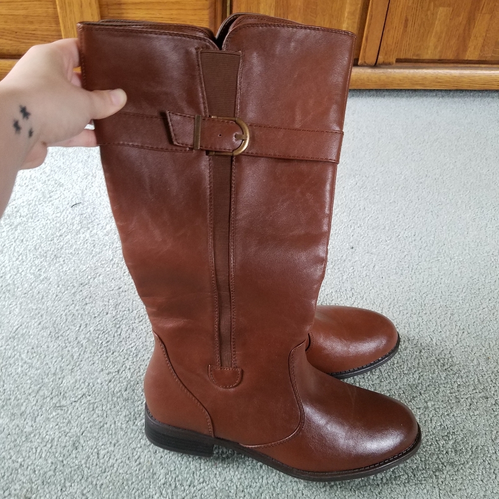 Knee high brown faux leather boots